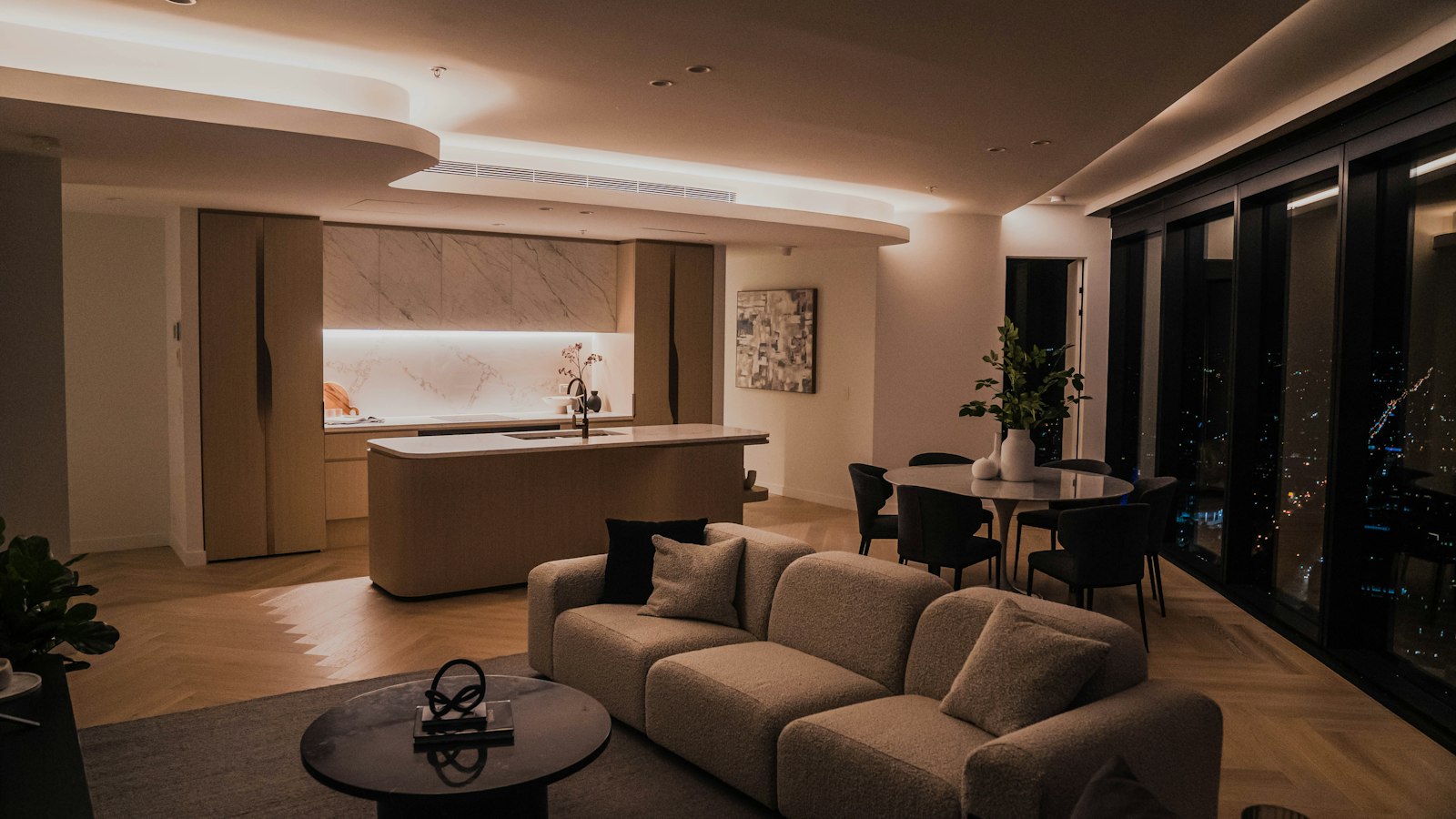 Elegant living room at dusk